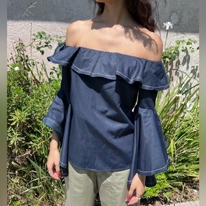 INA Navy Blue Ruffle Sleeve Off Shoulder Top Size S